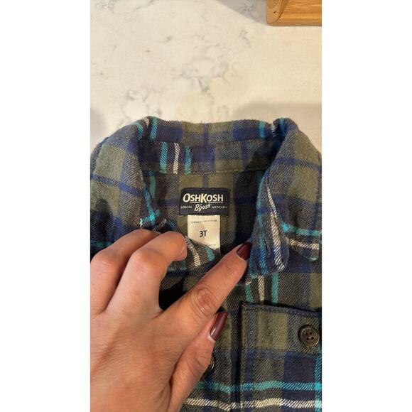 OSHKOSH B'GOSH 2T BOYS BUTTON FRONT GREEN BLUE PLAID FLANNEL BUTTON DOWN - Picture 3 of 7